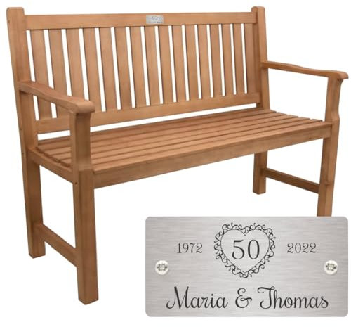 Sterngraf Goldene Hochzeit Bank mit Gravur-Schild zB. Herz mit Zahl (Namen), Gartenbank 120cm Holz Armlehnen-Bank, Edelstahlschild personalisiert Geschenk-Idee Jubiläumsbank 50. Hochzeitstag
