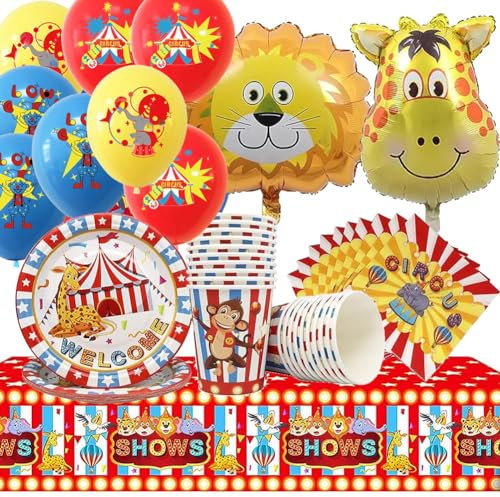 Zirkus Geburtstag Deko,55 PCS Zirkus Partygeschirr Deko Geburtstag, Zirkus Partygeschirr Set Mit Tischtuch, Teller, Luftballons,Servietten und Pappbecher geeignet für Geburtstagsfeiern