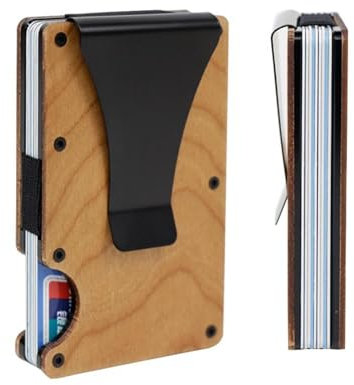 MADERICO Portefeuille pour homme en bois – Porte-cartes minimaliste et élégant avec clip métallique pour cartes de crédit et argent – Porte-monnaie compact avec bande élastique, Cerise, 8x8x1cm