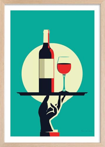 Hexoa Affiche Cuisine Verre de vin à la Française - Made in France - Affiche sous Cadre Bois 40x60