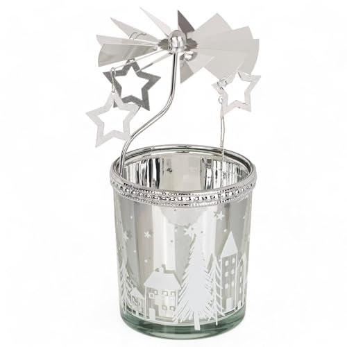 Teelichthalter rotierend Teelicht-Karussell Weihnachten Kerzenhalter aus Metall, rotierender Teelichtleuchter Mini-Pyramide 12cm (Silber - Votivglas & Stern)