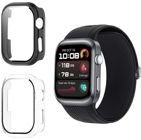 Funrae Hülle Kompatibel mit Huawei Watch D2 [2 Stück], PC Gehäuse mit Hartglas Displayschutz Schutzhülle Vollschutz Kratzfest Ultradünner Puffer Schutz Case - Schwarz&Transparent