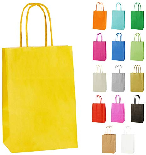Thepaperbagstore 50 Yellow x Small Paper Bags with Twist Handles 14x21x8cm | colour recyclable kraft, ideal for sweets, favours, gifts, weddings, birthdays, parties and events