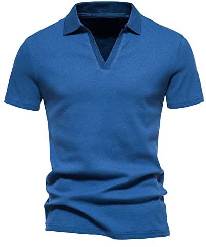 Men's Polo Shirts V Neck Casual Short Sleeve Classic Fit Golf Shirt Athletic Tee Lightweight Business Collared T-Shirts Summer Classic Basic Tshirts Smart Work Tops (Blue,XXXL)
