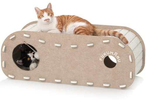 FUKUMARU Katzenbett, Stabile Katzenhöhle aus hochwertigem Filz，Katzenhaus Indoor 2 Schicht Katzenbett ，Katzen Höhle zum Schlafen, Spielen und Verstecken，Filzhöhle beige