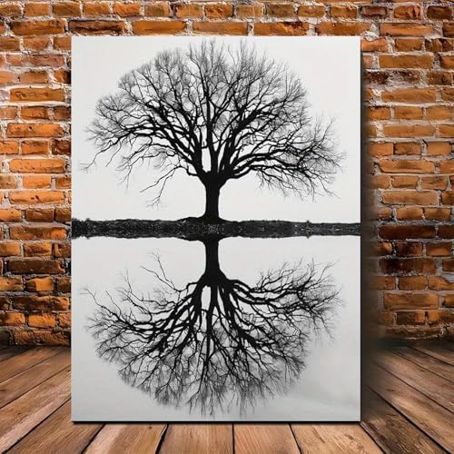 IXEHOH Grandi quadri da parete per soggiorno,moderno dipinto su tela con albero della vita in bianco e nero,per la decorazione del soggiorno,21x30 cm (8x12 pollici) con cornice