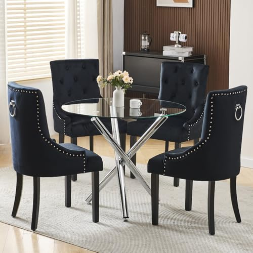 BonChoice Modern Round Glass Dining Table and Chairs Set 4, 5 Piece Round Dining Room Table Set, Glass Table with 4 Black Velvet Knocker Dining Chairs Space Saving