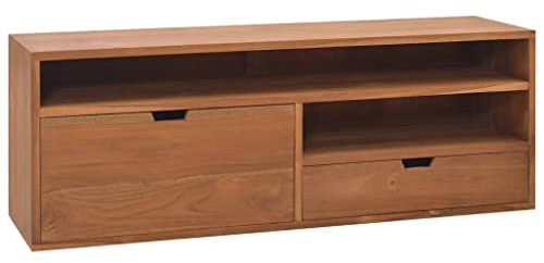 Tonture TV-Schrank 110x30x40 cm Teak Massivholz, Skandi-Stil Wohnzimmer Möbel, Robuste TV Konsole mit 2 Schubladen, Handgefertigt für Medien Stauraum