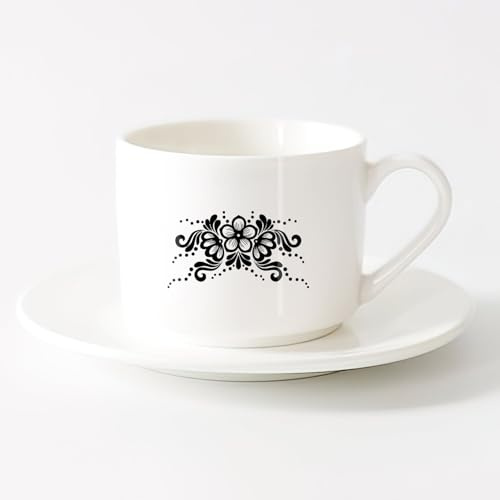 AYUEHBN Coffee Cups with Handle Flower Arrangement Horizontal Ornament （6oz/175ml） Ceramic Coffee Mug for Cappuccino Tea, Milk,，Sets Tea Cup with Saucers (White)