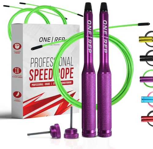Comba Crossfit Profesional ONE REP - Aluminio, 2 Cables, Boxeo, Fitness | Incluye 2 cables intercambiables de repuesto: uno de velocidad y otro estándar. Mangos de aluminio con rodamientos 360°.