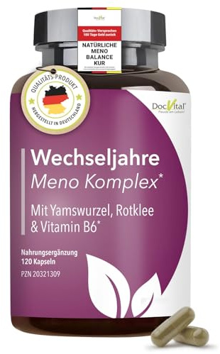 DocVital® Wechseljahre Komplex, 120 Kapseln, Yamswurzel & Rotklee | Für die Menopause, Hormon-Balance Frauen ab 40, Meno Komplex, vegan & hormonfrei, Salbei, Baldrian, Made in Germany