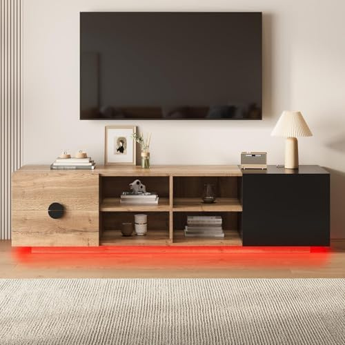 RAPRAP Meuble TV de 180 cm pour 80 pouces, meuble TV bas, console TV avec 3 armoires et 1 tiroir, table TV avec 5 pieds de soutien, bois naturel,C