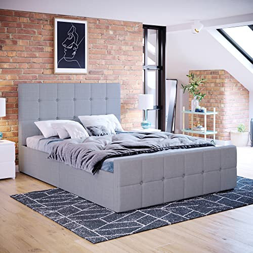Vida Designs Valentina Double Ottoman Bed, 4 Foot 6 Bed Frame Storage Lift Upholstered Fabric Headboard Bedroom Furniture, Light Grey Linen (UKFR Certified)