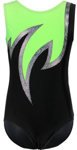 GymStern Mädchen Turnanzug Java Spezial – Kurzarm Gymnastikanzug aus glänzenden LYCRA®-Fasern mit Rundhalsausschnitt – Made in Germany Farbe Schwarz - Silber - GRÜN, Größe 158/164