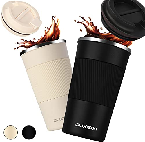 Dlunsen Thermobecher Kaffeebecher to go, Doppelwandig Reisebecher, 380ml Vakuum Isolierung Edelstahl mit Auslaufsicher Deckel Isolierbecher Travel Mug, Kaffeetasse Kaffee Rosa Farbe