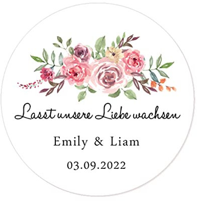 48 personalisiert Lasst unsere Liebe wachsen Aufkleber, Baumwollblumen Hochzeitssticker, 4 cm Runde Liebe Saat/Blumensamen Etiketten für Hochzeit,Taufe,Gastgeschenk,Tüten - Rd 270-007