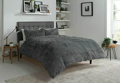 L S U Teddy Bear Hug & Snug Shaggy Duvet Cover Set Warm Fleece Christmas Bedding Set (Charcoal, King)
