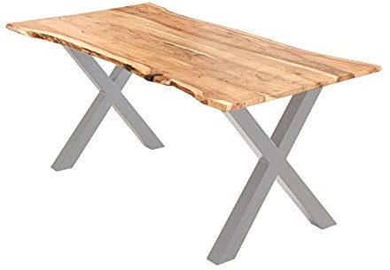SAM Esstisch 200x100 cm Burgos, Akazienholz massiv + naturfarben + lackiert, echte Baumkante, Baumkantentisch mit X-Gestell aus Metall Silber, Tischplatte 26 mm