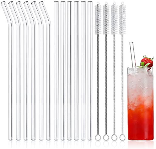 NETANY 16-Pack Reusable Glass Straws, Clear Glass Drinking Straw, 10''x10 MM, Set of 6 Straight and 6 Bent with 4 Cleaning Brushes - Perfect for Smoothies, Milkshakes, Tea, Juice - Dishwasher Safe