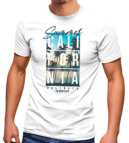 Neverless® Herren T-Shirt Summer California Holidays Sommer Palmen Foto Print Aufdruck Schrfitzug Fashion Streetstyle weiß L