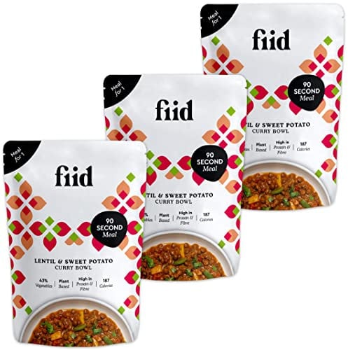 Fiid 100% Natural Vegan Microwave Ready Meals - Thai Lentil & Sweet Potato Curry - 3 x 275g (Vegetarian Food Pouch, High in Fibre & Protein, Low in Sugar)