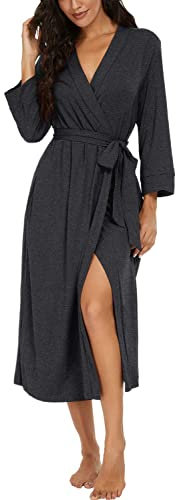 PrinStory Women Kimono Robes Long Knit Bathrobe Soft Womens Dressing Gowns V-Neck Sleepwear Casual Ladies Loungewear (Dark Grey, M)