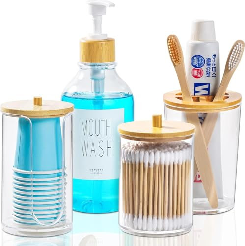 VITVITI Porta Spazzolini Bagno,Dispenser Sapone Bagno, Dispenser Collutorio con Portabicchieri,Filo Interdentale/Tampone di Cotone,Contenitore per Palline(Set 4)