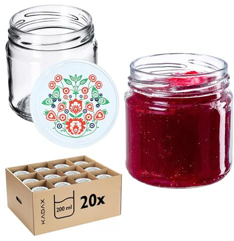 KADAX Lot de 20 petits bocaux à confiture, ronds, 200 ml, diamètre : 66 mm, pour miel et épices, bocaux hermétiques, pots de conservation (folklore)