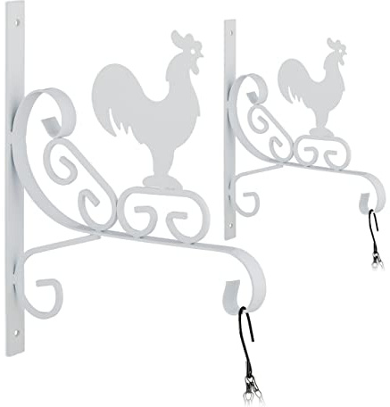 Relaxdays Hanging Basket Brackets, Set of 2, Rooster Design, Wall-Mounted, 30 x 25.5 x 2 cm, Plant Hanger, Iron, White