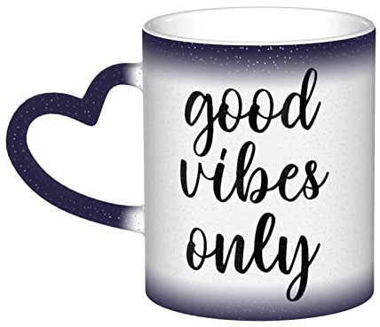 BVMPRS Good Vibes Only Tasse mit herzförmigem Griff, Keramik, wärmeempfindlich, Farbwechsel, perfekt für Tee, Kaffee und mehr