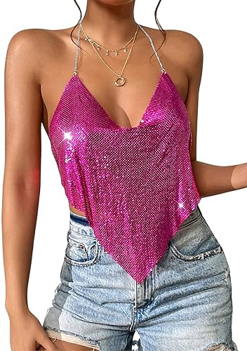 Ella Lust Sexy Metallic Chain Top for Women - Sequin Halter Deep V Neck Backless Crop Tank for Night Club Party Rave Outfits, Rose, XS