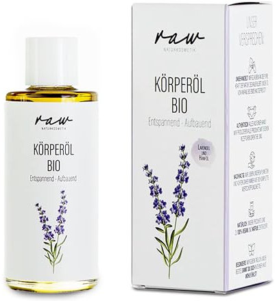 raw Kosmetik, Körperöl BIO Lavendel und Hanföl, mit kaltgepressten Bio Ölen, 100ml, wirkt entspannend und aufbauend, hilft bei Dehnungsstreifen sowie empfindlicher sowie sensibler Haut.
