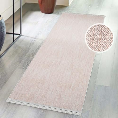 carpet city Kurzflor Teppich Flur Rosa - 80x300 cm Läufer - Einfarbig, Meliert - Fransen-Teppiche Modern, Boho für Schlafzimmer, Wohnzimmer