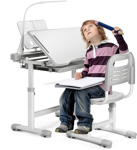 Rengue Kids Desk and Chair Set, Height Adjustable Children School Functional Study Desk with 55° Tiltable Desktop, 3 Modes & Brightness LED Light, Storage Drawer & Metal Hook for Boys Girls (Grey)