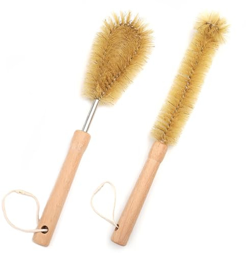 UPTALY 1 brosse de cuisine à poils de 30 cm, 1 brosse à bouteille fine de 32 cm, manche en bois de hêtre, avec manche en acier inoxydable de 9 mm, pour bouteille à col étroit, verre, bouteille d'eau