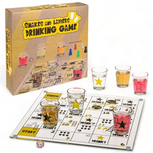 MIJOMA’s lustiges Trinkspiel Schlangen und Leitern, inklusive Glas-Spielbrett, 1 Würfel, 6 Shooter-Gläser und stilechten Mini-Spielfiguren - Spaß garantiert!