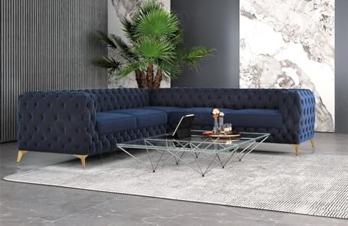Samtsofa Cordoba in Chesterfield Optik Ecksofa mit Bezug aus Samt Sofa Sun Velvet (Dunkelblau, Füße Gold)