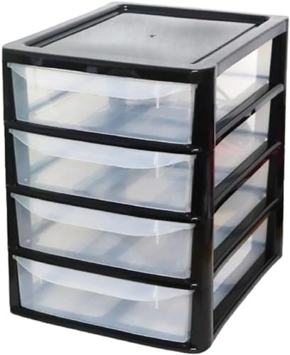 A4 Plastic Slim Storage Drawers Tower Unit Office Desktop Tabletop Home School Garage Portable Desk Organizer 2|3|4|6|8 Tiers (A4 Plastic Small Black/Clear) (Black/Clear, A4 Slim 4 Drawers)
