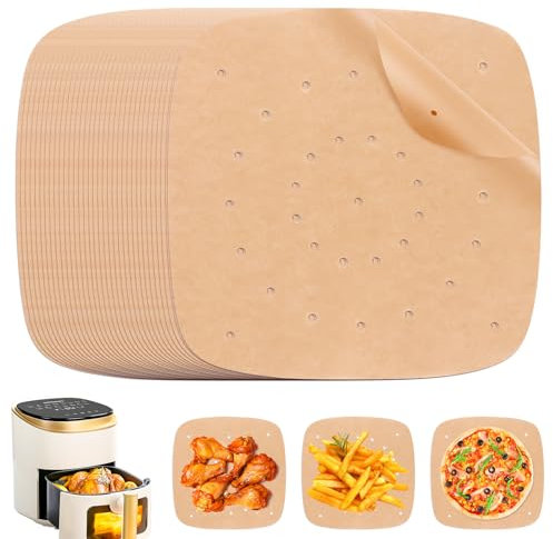 AKONE Papier sulfurisé Airfryer, 200 feuilles de cuisson carrées de 21,5 cm, papier sulfurisé perforé anti-adhésif pour friteuse à air chaud, four