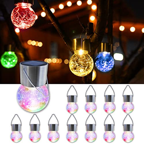 GIGALUMI Solar-Außenleuchten, 12 Stück, Solar-Hängeleuchten für Weihnachtsdekoration, rissiges Glas, Solarleuchten für den Außenbereich, wasserdicht, für Garten, Hof, Zaun, Baum (Farbwechsel)