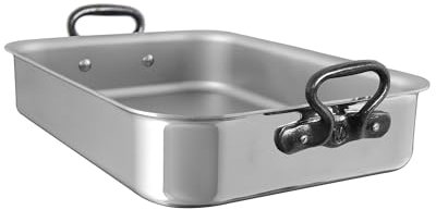 Mauviel M'Cook CI 5-Ply Stainless Steel Roasting Pan With Rack And Cast Iron Handles, 15.7 x 11.8-in, Made In France