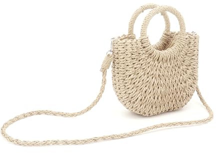 MoYouno Sommer Stroh Handtasche,Kreis Böhmische Schultertaschen,Sommer Strandtasche Abnehmbarer Schultergurt,Clutch, für Frauen Reisen Urlaub (Beige)