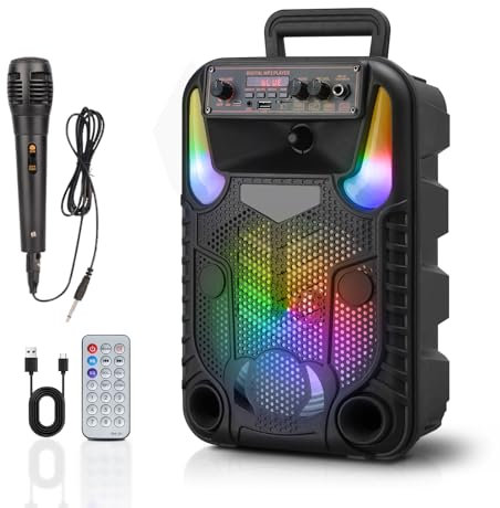 Elimavi Karaoke Machine with Microphone, 8 inch Portable Speaker and LED Colorful Lights, Subwoofer PA System with Remote Control Supports TF Card/USB/FM/AUX/TWS/MIC (8 inch)