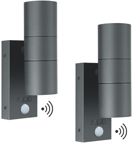 Kerry Outside Wall Lights with Sensor, IP65 Waterproof Up Down Outdoor Lighting, External Pir Wall Mount Security Light, Anthracite Grey Stainless Steel Exterior Mains Powered - 2 Pack (Bulb Excl.)
