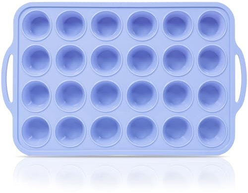 SUPER KITCHEN Mini Muffinform Silikon mit Metallverstärktem Rahmen, 24 Tassen Muffin Backform mit Griff, Antihaft Minimuffinform Silikon Muffinblech Kleine Muffins, Bpa Frei Cupcake Form, Blau