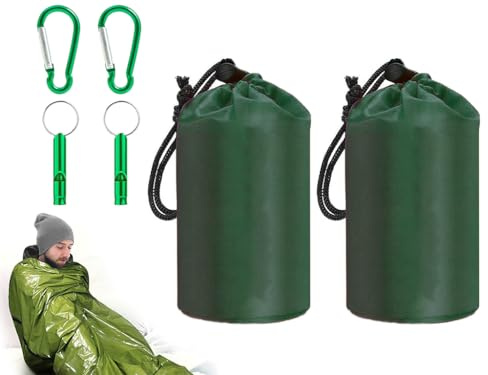 Abiyou 2PCS Notfall Schlafsack,Notfall Überleben Schlafsacke mit Pfeife und Karabiner,Notfalldecke Schlafsack,Notfall Biwaksack,Survival Biwaksack,Survival Biwak Sack,für Camping Outdoor,Wandern(Grün)