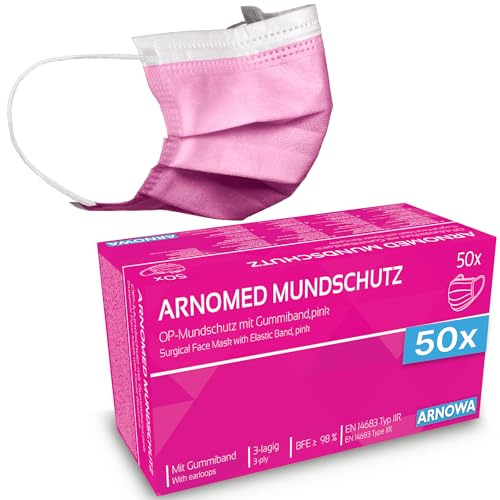 ARNOMED 100x Medizinische Mundschutz-Maske Pink, Op Maske Typ IIR | Medical Face Mask, Schutzmaske Mund & Nase, Einwegmasken, Chirurgischer Mundschutz, Gesichtsmaske CE Zertifiziert