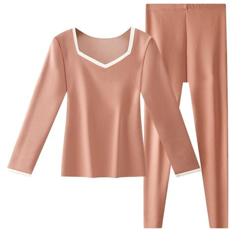Pigiama Cotone Donna Base Lungo Termico per Donna Set Superiore e Inferiore Termico Morbido Elasticizzato Pigiama Famiglia Natale Set Pigiama Lovable Donna (Rose Gold, L)