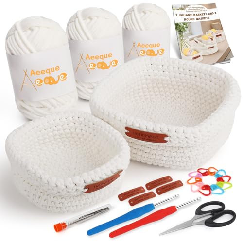 Aeeque Häkelset für Anfänger, 2pcs Körbe Häkeln Set, Quadratischer Häkelkörbe Häkel Set, Textilgarn zum Häkeln Tasche, Komplett Häckel Kit mit Zubehör, Weiß