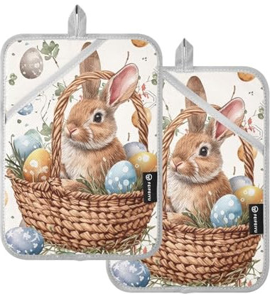 Topflappen Set mit 2 hitzebeständigen Küchen Topflappen Ostern Hasen und Eier Untersetzer Topflappen Ofen Topflappen mit Taschen für BBQ Kochen Mikrowelle